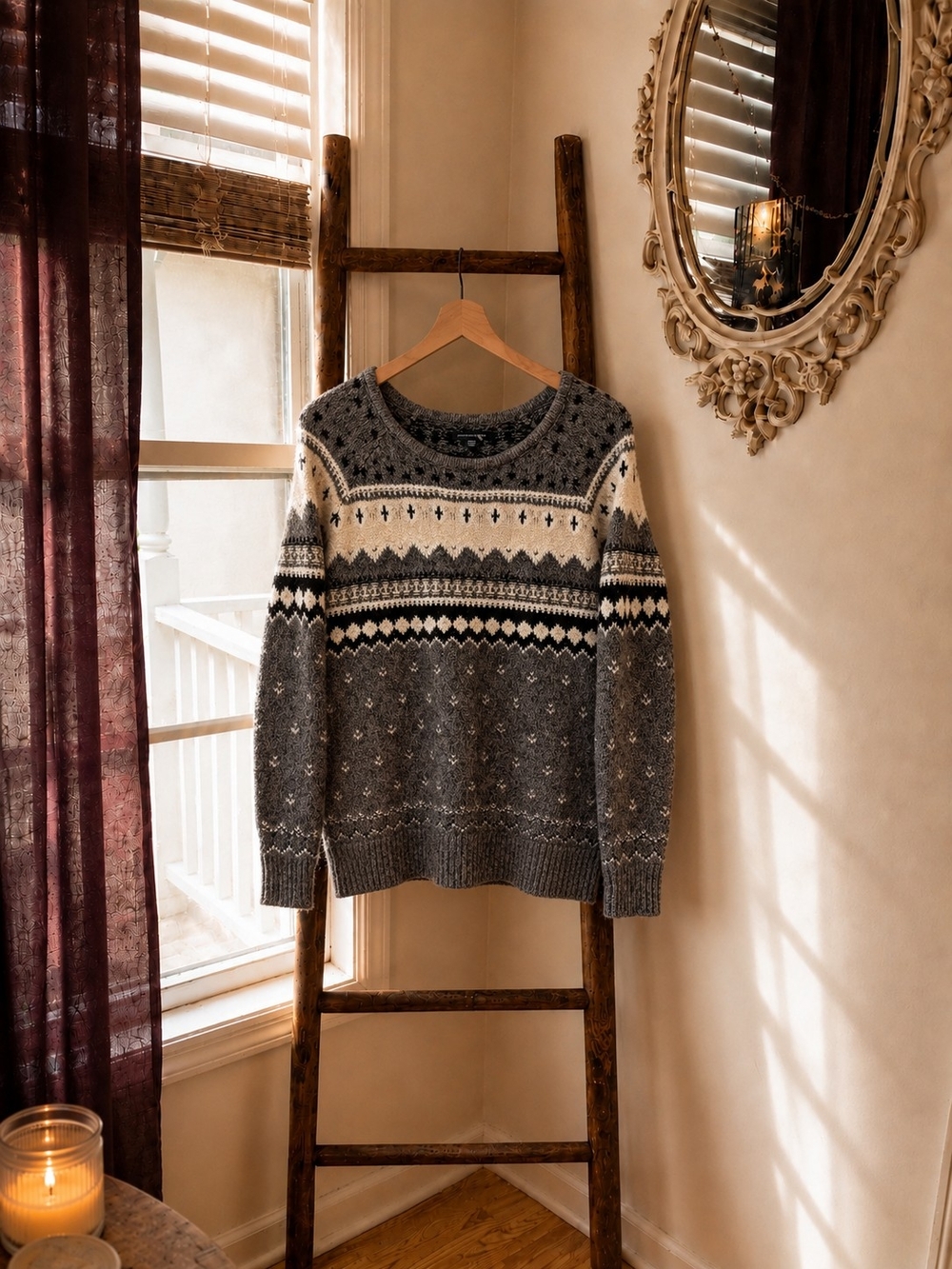 American Eagle Outfitters Gray & Cream Fair Isle Crewneck Sweater NWOT